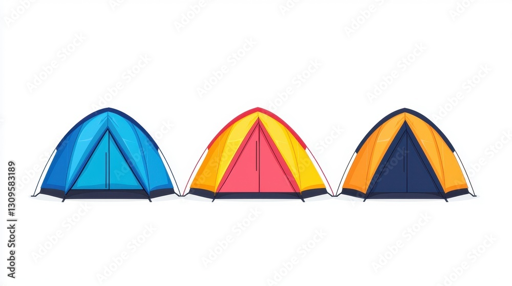 Row of colorful tents in a campground, camping trip on a white background, outdoors illustration Row of colorful tents in a campground, camping trip on a white background, outdoors illustration