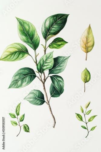 Detailed illustration of Ficus benjamina showing various plant parts and foliage