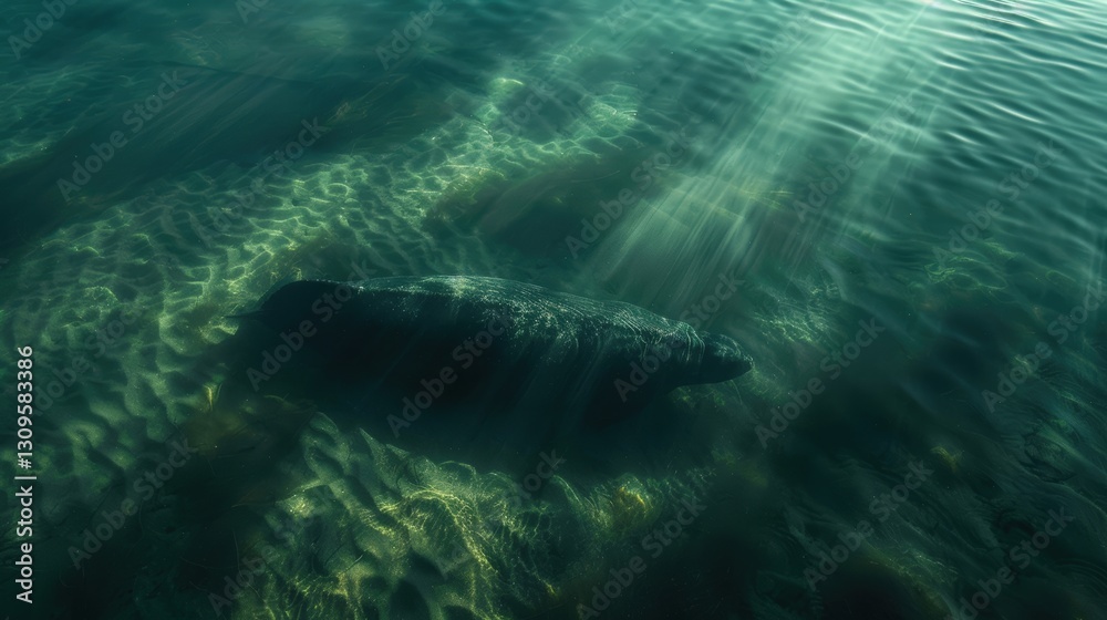 Obraz premium Manatee Resting for Sunbeams, Coastal Waters.