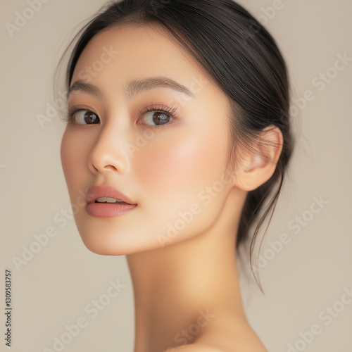  Asian woman in her late fourties have smooth cream to the cheek area on one side of her face,  Her skin texture is clear and smooth, without any imperfections or blemis