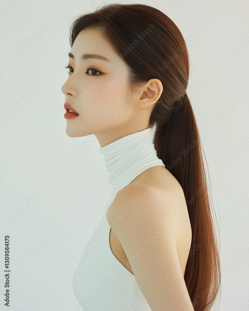 A beautiful Korean female celebrity, with straight hair, wearing a white sleeveless dress with a high neck and a bodycon cut at the shoulder line, poses for the cover of ELLE, a fashion magazine. The A beautiful Korean female celebrity, with straight hair, wearing a white sleeveless dress with a high neck and a bodycon cut at the shoulder line, poses for the cover of ELLE, a fashion magazine. The