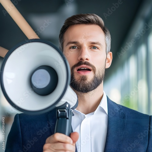 Man in Suit Holding Megaphone Promoting a Message in Public Space
