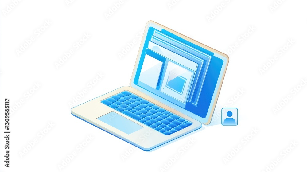 Laptop displaying web pages, user profile, isometric view, digital work Laptop displaying web pages, user profile, isometric view, digital work