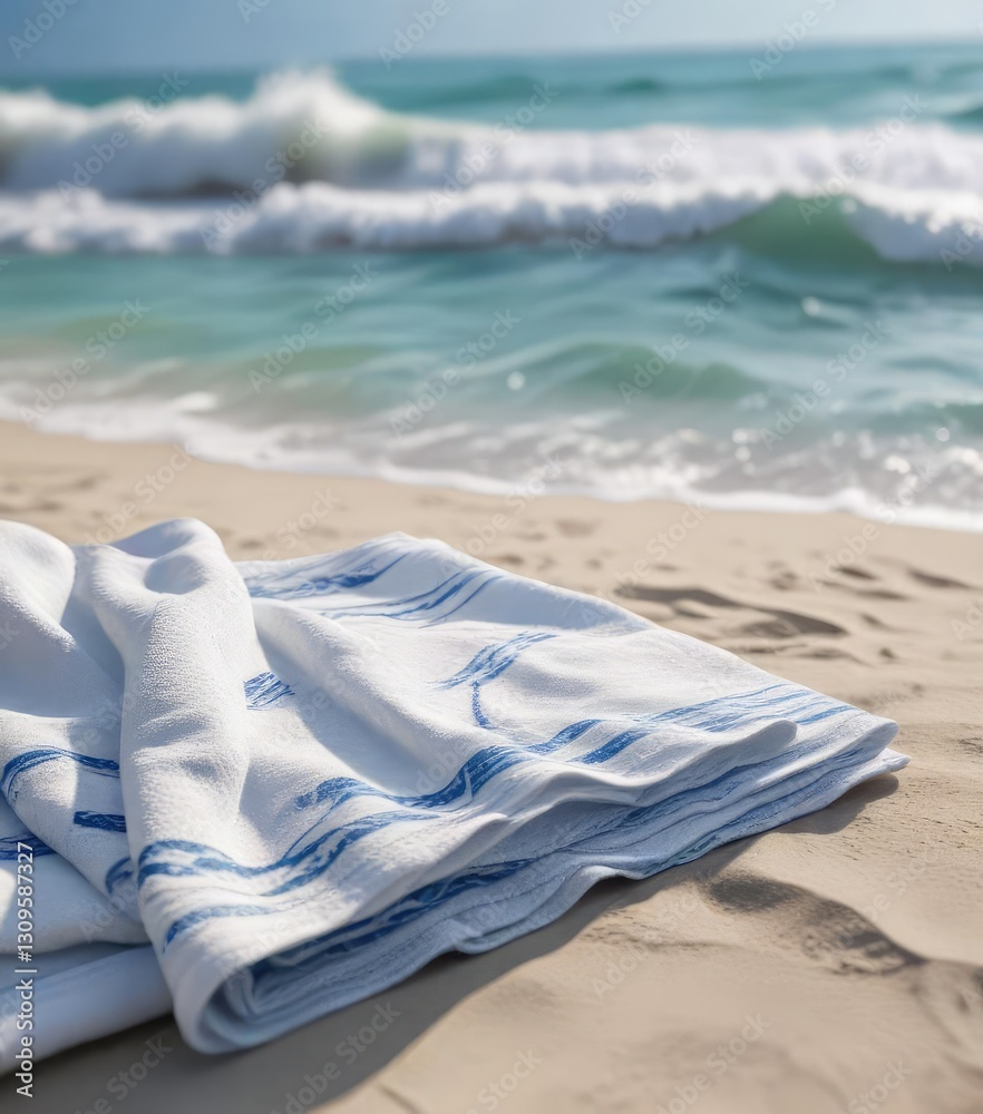 White beach towel with blue ocean waves in the background, soft, blue sky White beach towel with blue ocean waves in the background, soft, blue sky