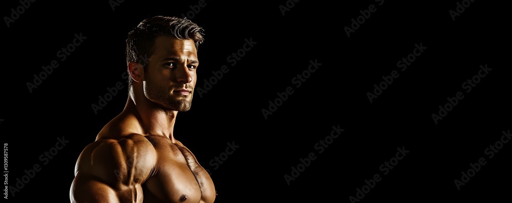 Bodybuilder stares intensely at the camera on a black background Bodybuilder stares intensely at the camera on a black background