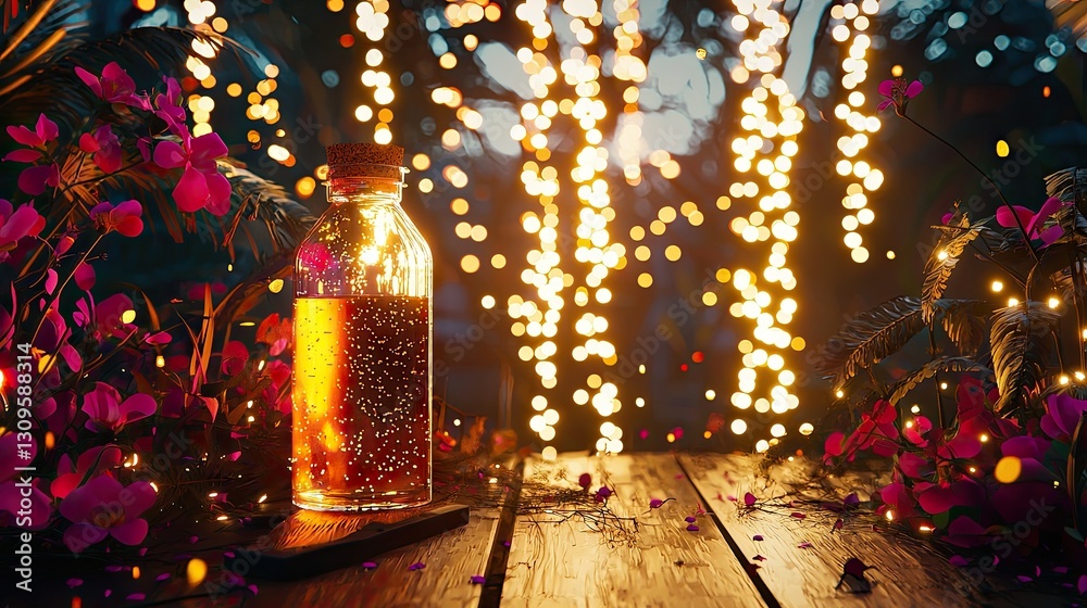 Sparkling drink bottle, magical forest, night scene, bokeh lights, product display Sparkling drink bottle, magical forest, night scene, bokeh lights, product display