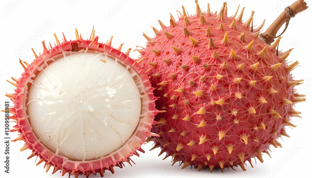 Exotic Rambutan Fruit Cut Open Showing White Flesh and Spiky Exterior Exotic Rambutan Fruit Cut Open Showing White Flesh and Spiky Exterior