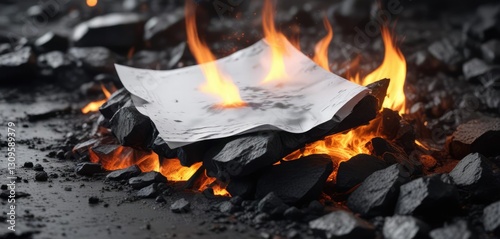 White paper sheet surrounded by flames on coal surface, firestorm, smolder, disaster, inferno, sear
