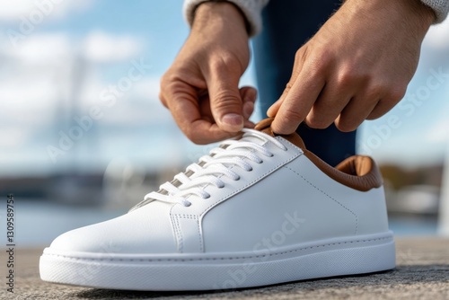 An artistic close-up of hands tying laces on a stylish white sneaker, symbolizing fashion, attention to detail, and the excitement of preparing for a day's adventure. photo