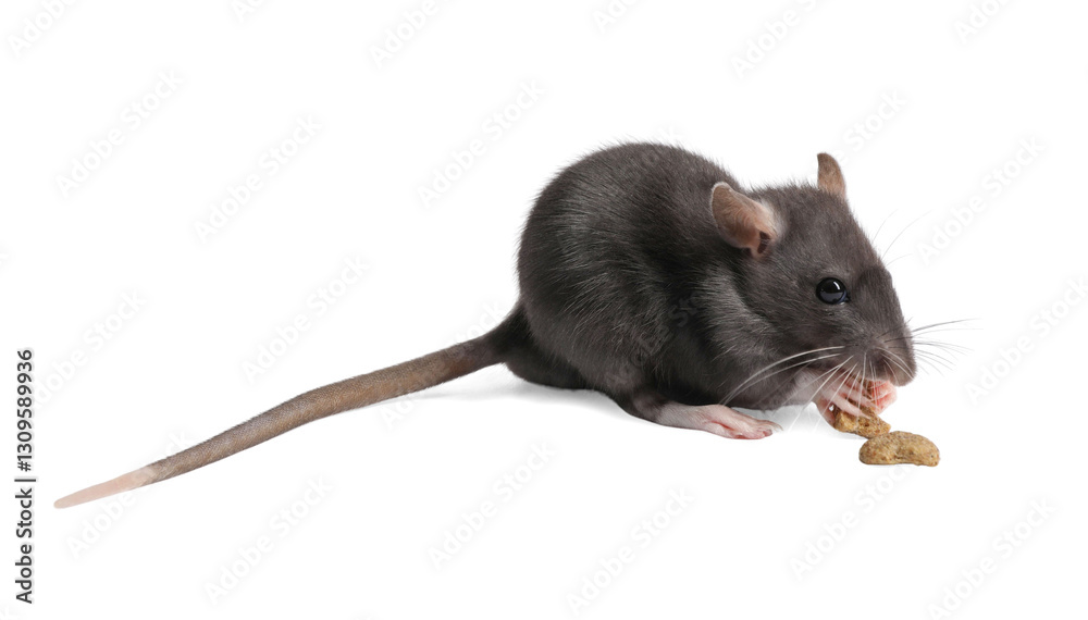 Cute rat with dry food on white background. Little pet Cute rat with dry food on white background. Little pet