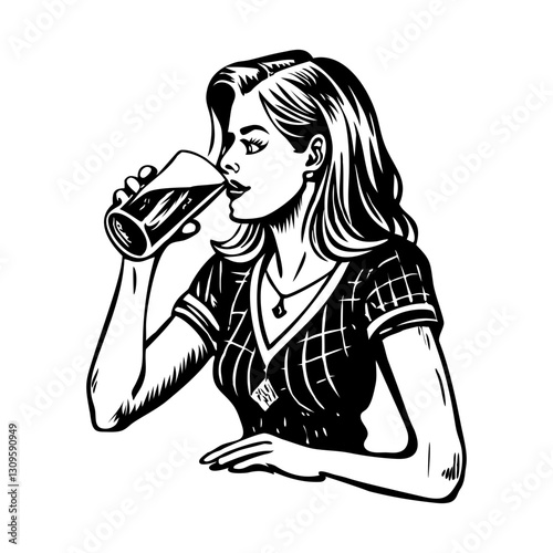 Girl drinking beverage from a glass, vintage style illustration