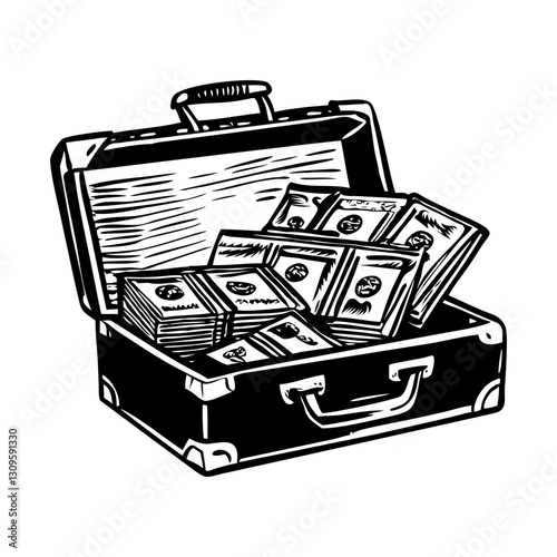 Vintage illustration of an open money briefcase