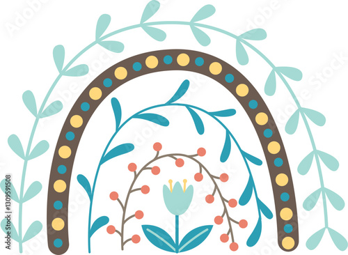 Decorative rainbow with floral ornament. Hand drawn beautiful element in folk style	