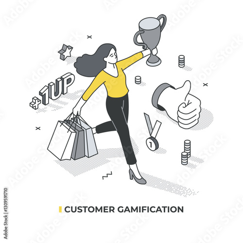 Isometric vector of customer gamification. A woman with shopping bags holds a trophy, surrounded by coins, a thumbs-up, and a medal, symbolizing rewards, engagement, and loyalty programs in business
