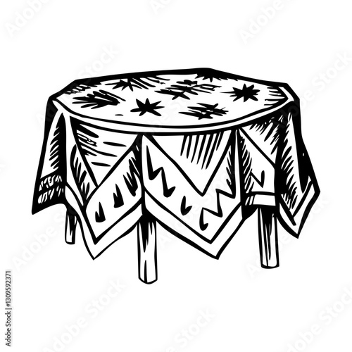 Round table with a tablecloth, vintage style illustration