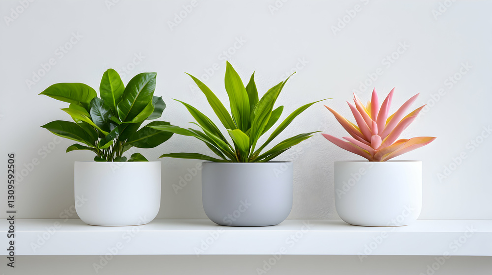 Three Potted Plants on White Shelf Minimalist Home Decor