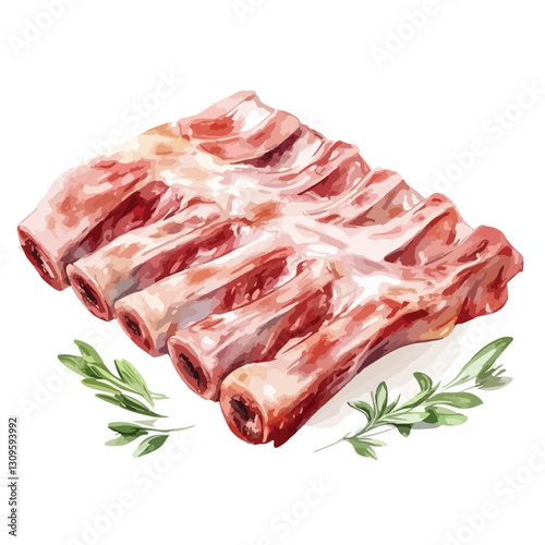 Delicious Raw Pork Ribs Watercolor Isolated Cutout - Single