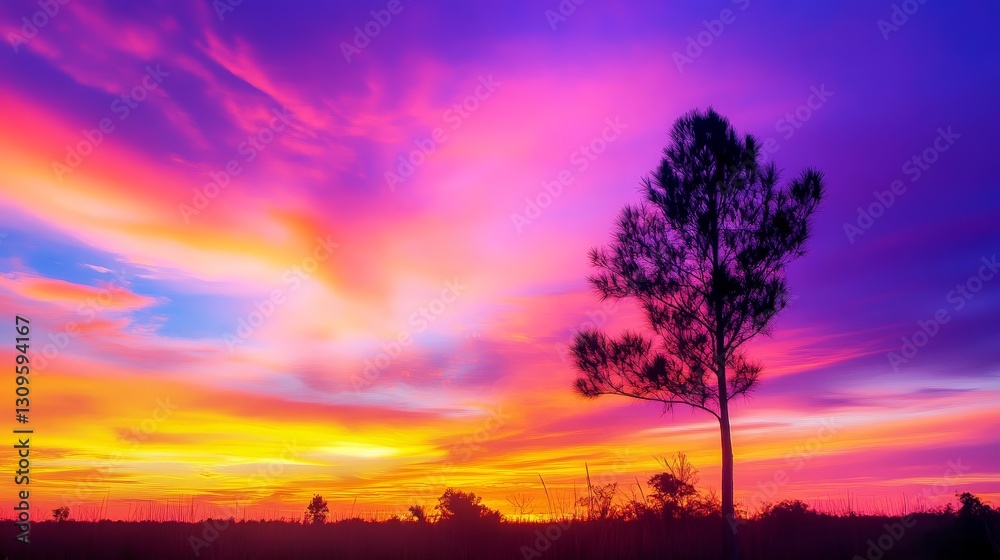 Vibrant sunset sky with colorful clouds over a silhouette of a lone tree in the foreground Vibrant sunset sky with colorful clouds over a silhouette of a lone tree in the foreground