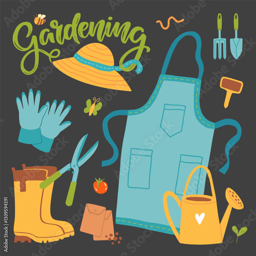 Gardening Tools and Accessories for Everyday Gardening Needs. Composition of gardening tools and accessories displayed with vibrant colors, including gloves, aprons, and watering equipment
