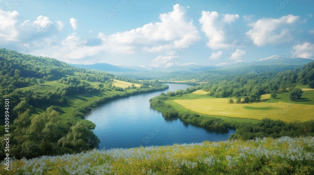 Aerial view of a winding river through lush green fields and rolling hills on a sunny day Aerial view of a winding river through lush green fields and rolling hills on a sunny day