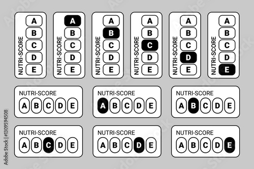 Nutri-Score labels displaying nutritional ratings from A to E in a standardized format. Ideal for illustrating healthy eating, food labeling, and dietary guidance concepts