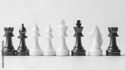Chess pieces in white, minimalist composition