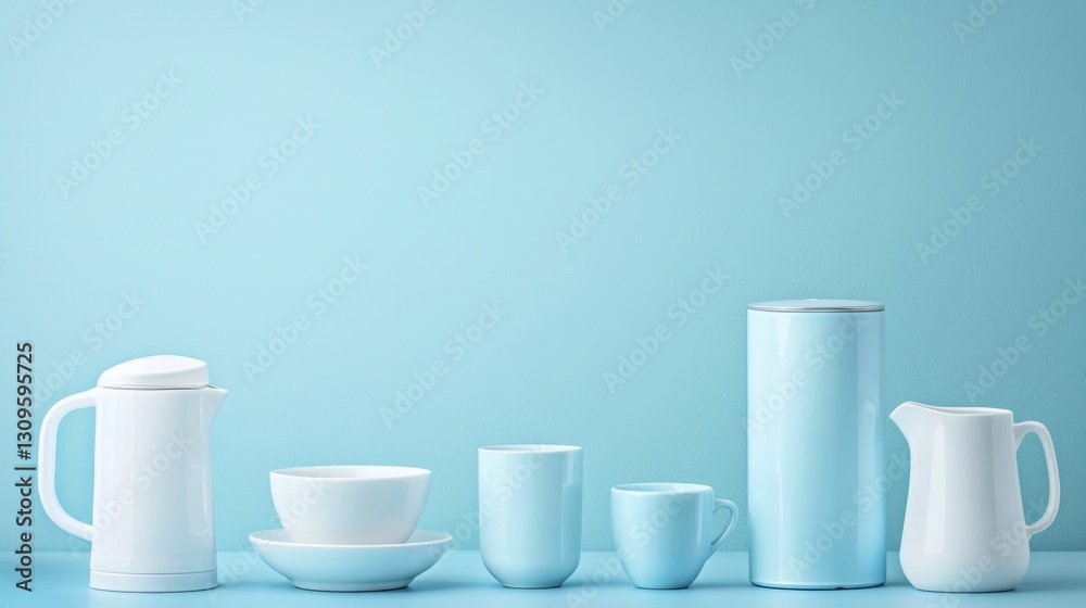 Serene Collection: A minimalist composition showcases a range of elegant white and light blue ceramic tableware against a cool, smooth background. This image embodies simplicity and sophistication.