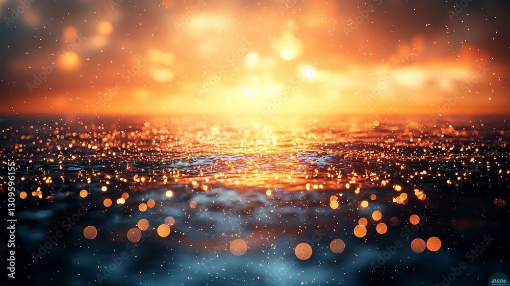 Naklejka premium Glowing sunset over calm water with bokeh effect.