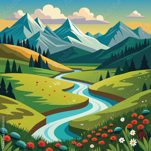Springtime Valley with Blooming Flowers and a Meandering River Amidst Rolling Hills