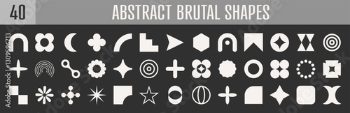 Abstract brutal shapes geometric. Memphis design, retro elements for web, vintage, advertisement, commercial banner, poster, leaflet, billboard, sale. Collection trendy halftone.
