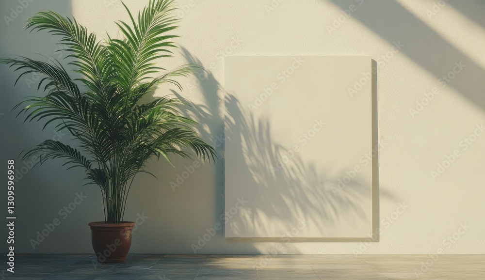 Fototapeta premium Minimalist Interior with Green Plant and Blank Canvas Creating a Calm and Serene Atmosphere for Contemporary Design and Artwork Display