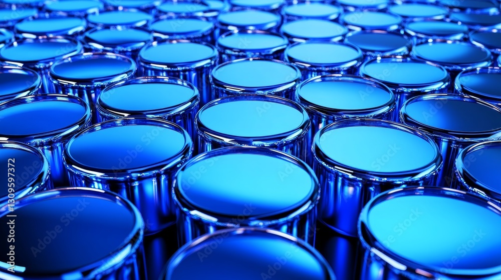 Fototapeta premium Blue Cylindrical Containers Abstract Background - Abstract of many shiny blue cylindrical containers, ideal for industrial, technology, or manufacturing concepts
