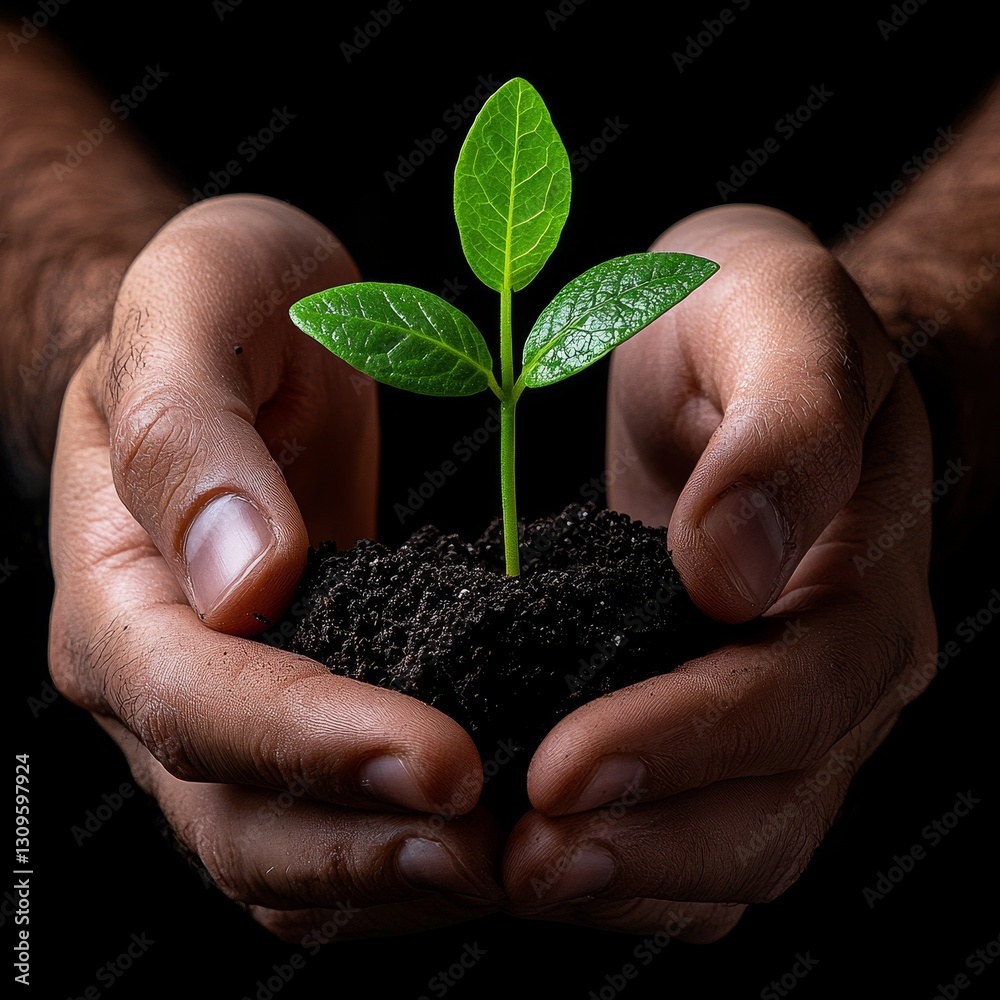 Hands Holding Young Plant Sprout in Dark Soil Hands Holding Young Plant Sprout in Dark Soil