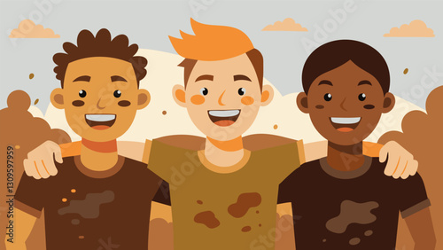 A group of smiling friends proudly displaying their muddy sweatsoaked tshirts after conquering the grueling mud run course their faces shining with. Vector illustration