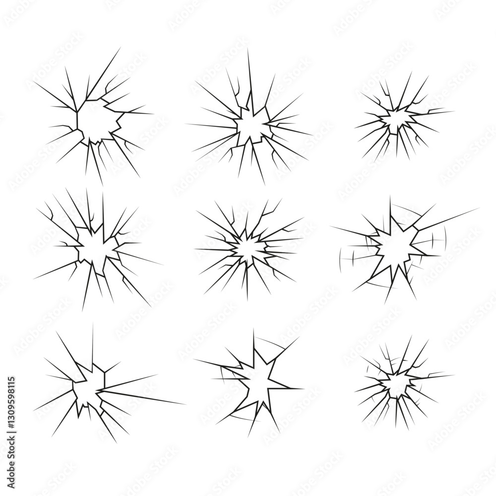 Crack shot glass icons set, silhouette linear cracks and breaks, broken glass or ice, vector illustration abstract patterns.