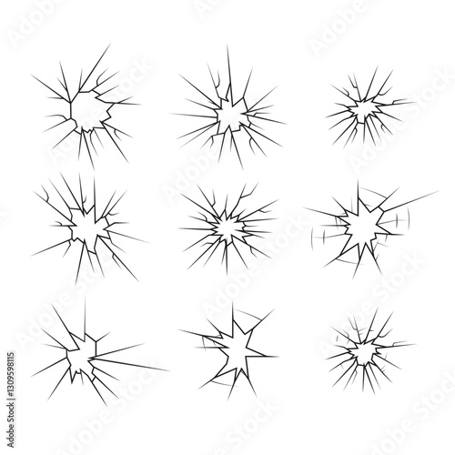 Crack shot glass icons set, silhouette linear cracks and breaks, broken glass or ice, vector illustration abstract patterns.