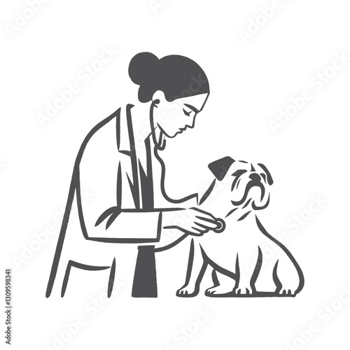 Veterinarian examining bulldog with stethoscope, vector line art