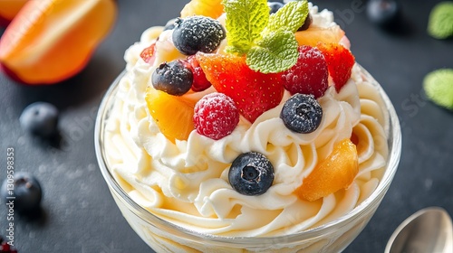 Delicious Creamy Dessert with Fresh Berries and Fruits Summer Sweet Treat Whipped Cream Pastry  Recipe Food Photography Background Image bowl mint    