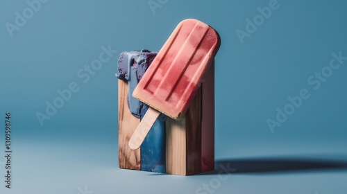 Melted Popsicle on Wooden Block for Summer Still Life.