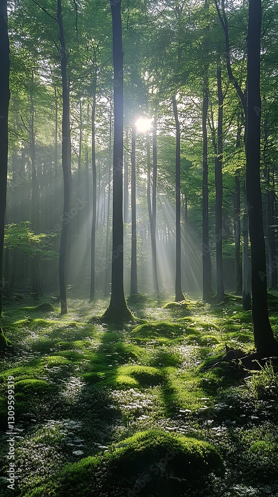 Obraz premium Sunbeams illuminating a misty forest floor.