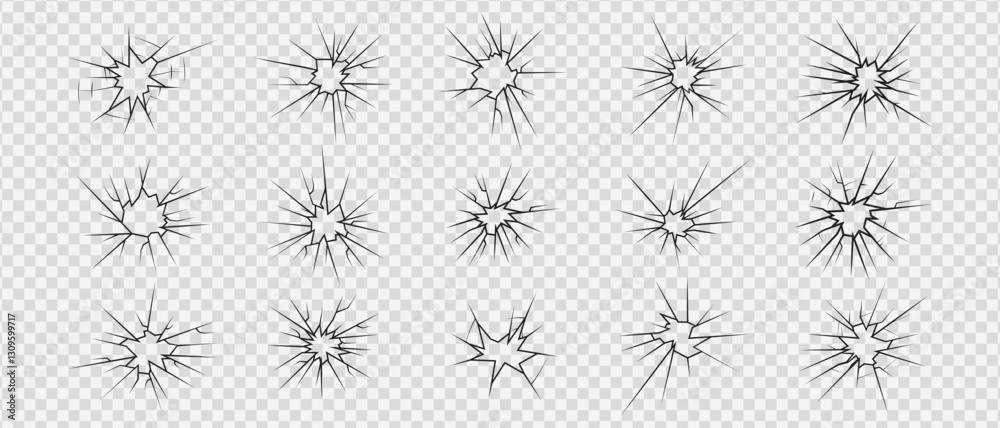 Crack shot glass icons set, silhouette linear cracks and breaks, broken glass or ice, vector illustration abstract patterns.
