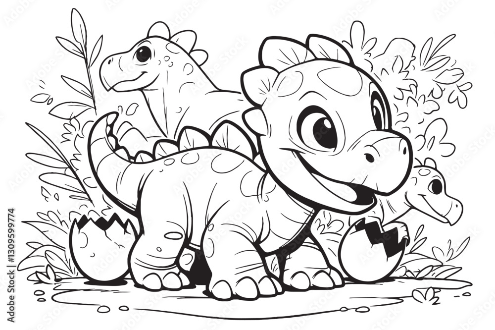 Obraz premium A fun dinosaur-themed coloring page with friendly dinosaurs like T-Rex, Triceratops, and Brachiosaurus in a prehistoric landscape. Great for young dinosaur fans.