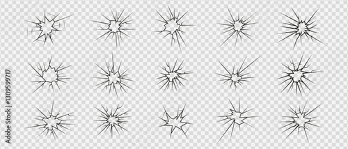 Crack shot glass icons set, silhouette linear cracks and breaks, broken glass or ice, vector illustration abstract patterns.