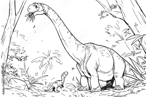 A fun dinosaur-themed coloring page with friendly dinosaurs like T-Rex, Triceratops, and Brachiosaurus in a prehistoric landscape. Great for young dinosaur fans.