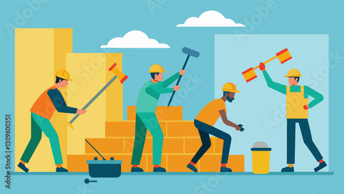 Workers use special techniques and equipment to strengthen the walls and floors of the building making them more resistant to lateral movement.. Vector illustration