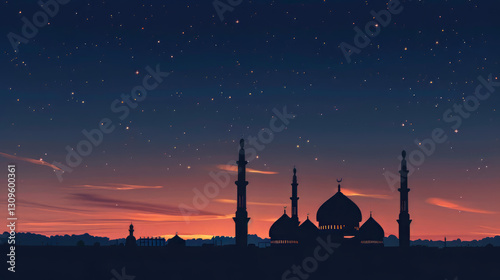 Silhouette of mosque at sunset with starry sky,on Ramadan,Hari Raya Aidilfitri,Eid-Ul-Fitr