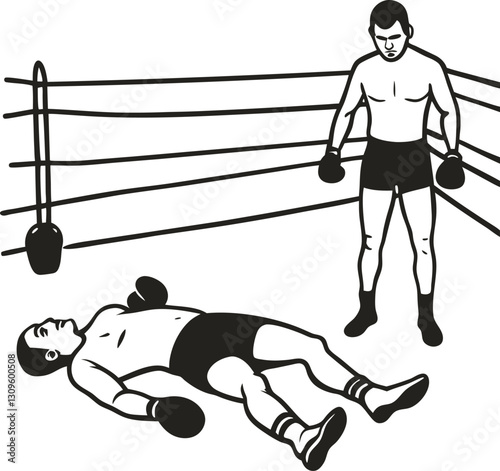 Boxing knockout fighter stands victorious over opponent sport, competition, combat, ring scene illustration