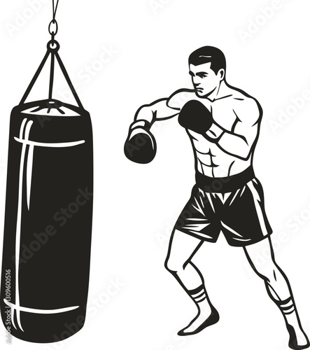 boxer training with punching bag monochrome illustration of fitness, sport, strength, and combat