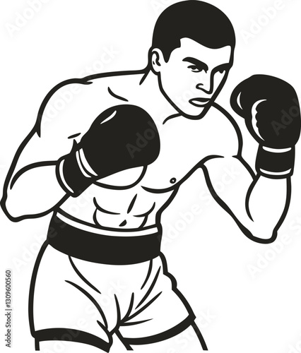 Boxer in fighting stance, determined expression retro black and white illustration of a determined fighter