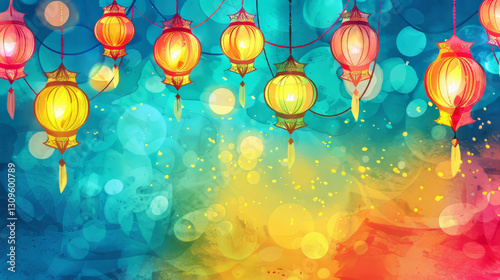 Colorful lanterns hanging against vibrant background,on Ramadan,Hari Raya Aidilfitri,Eid-Ul-Fitr